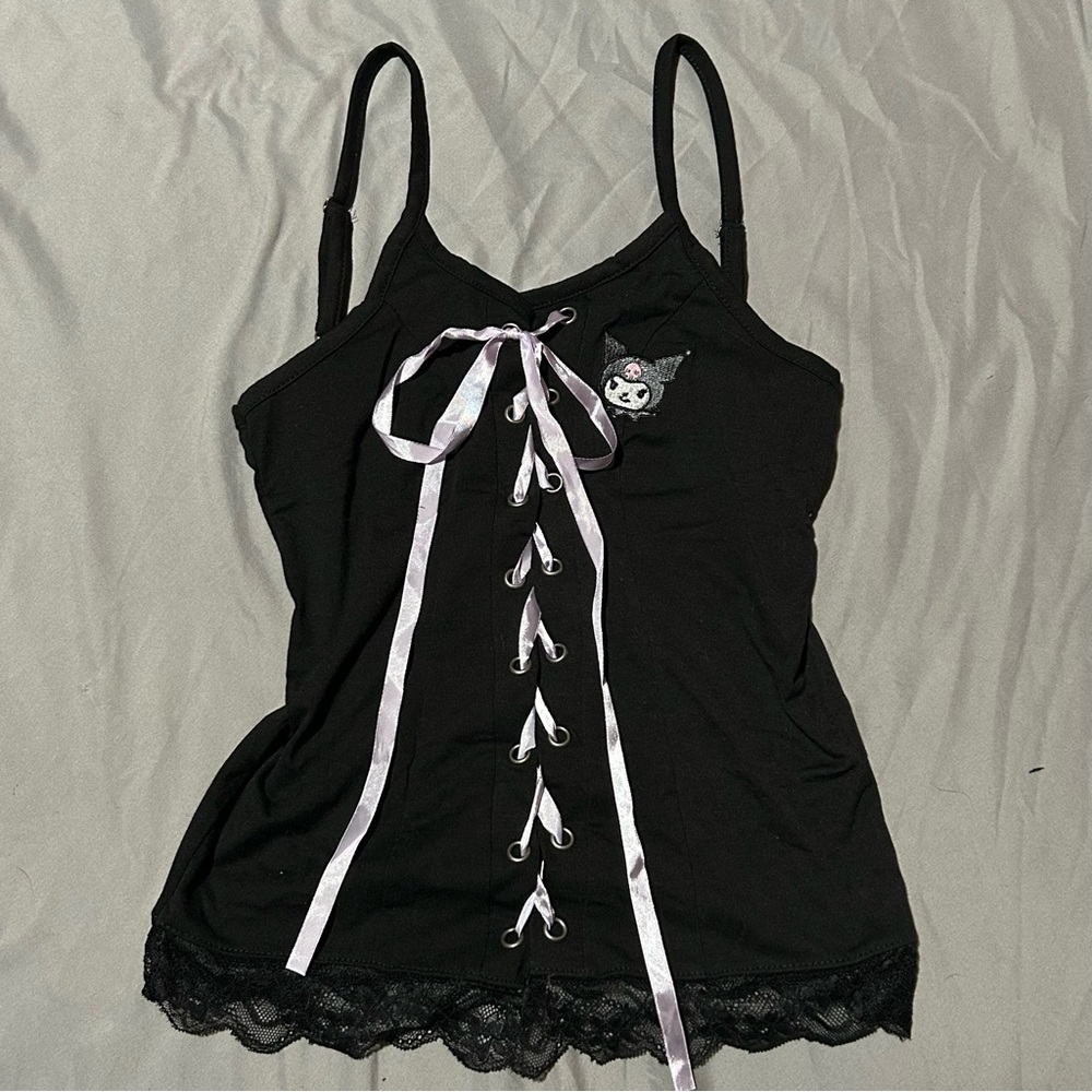 Sanrio Kuromi hot topic Black Lace-Up Camisole Top with bows and lace trim scene